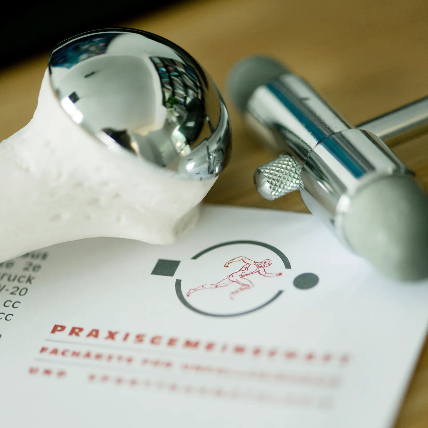 Hüftprothese und Reflexhammer auf dem Schreibtisch einer Ordination